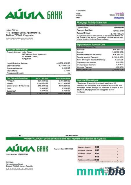 Kirgistan Bank Aiyl wyciąg z kredytu hipotecznego szablon Word i PDF